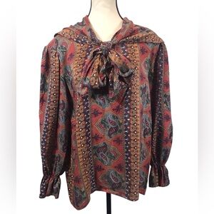 Vintage Silkland Paisley Bow Neck Tie Silk Secretary Blouse Peter Pan Collar Med